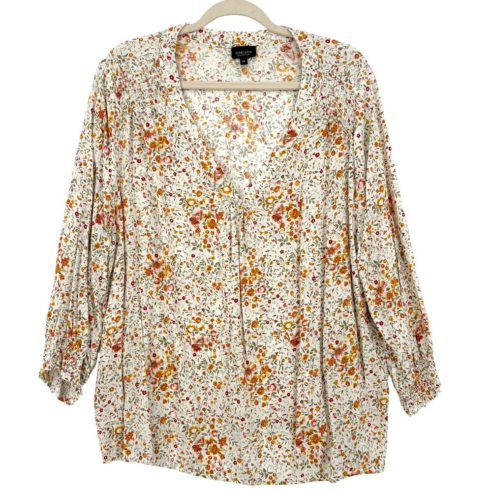 Jones New York Women 2X Popover Top White Yellow Ditsy Floral Smocked Boho